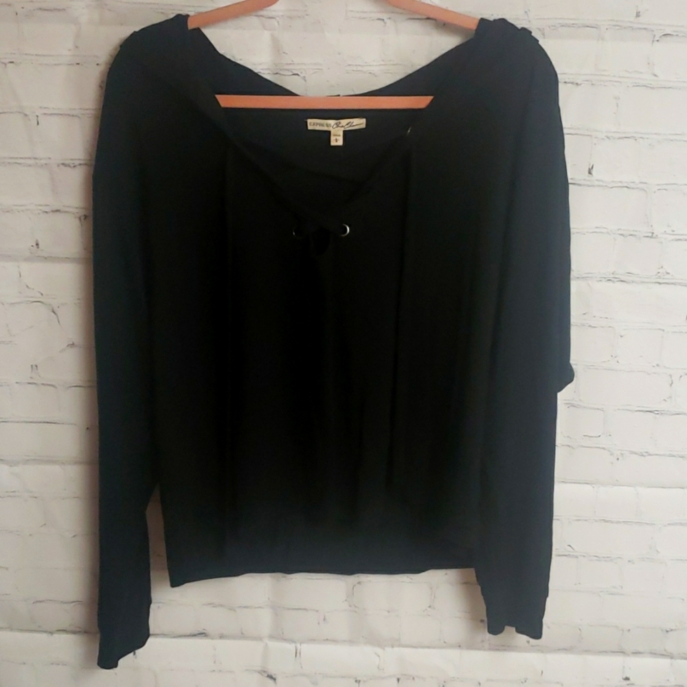 NWOT Express One Eleven Lomg Sleeve Black hooded shirt size L with cool lace up
